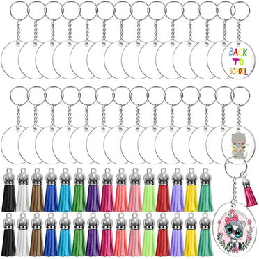 72/90PCS Clear Round Keychain Blanks Tassel Pendants DIY Keychain Craft 4 Styles